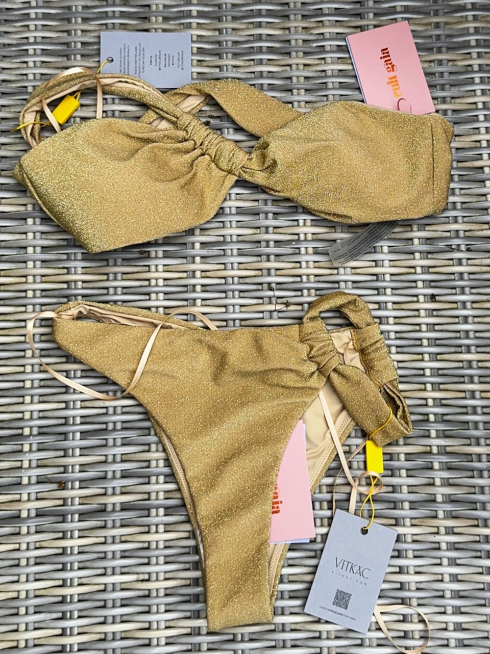 NWT Cult Gaia Charmaine One Shoulder Bikini XS Top Bottom Set Gold - Picture 12 of 14